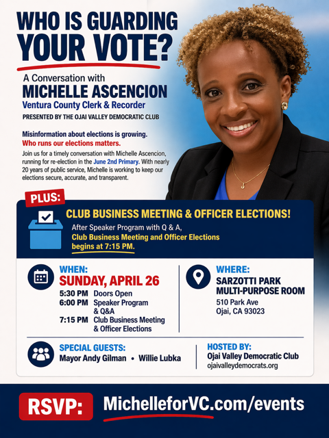 Sunday April 26 Sarzotti Park Multi-Purpose Room 510 Park Ave Ojai, CA 93023