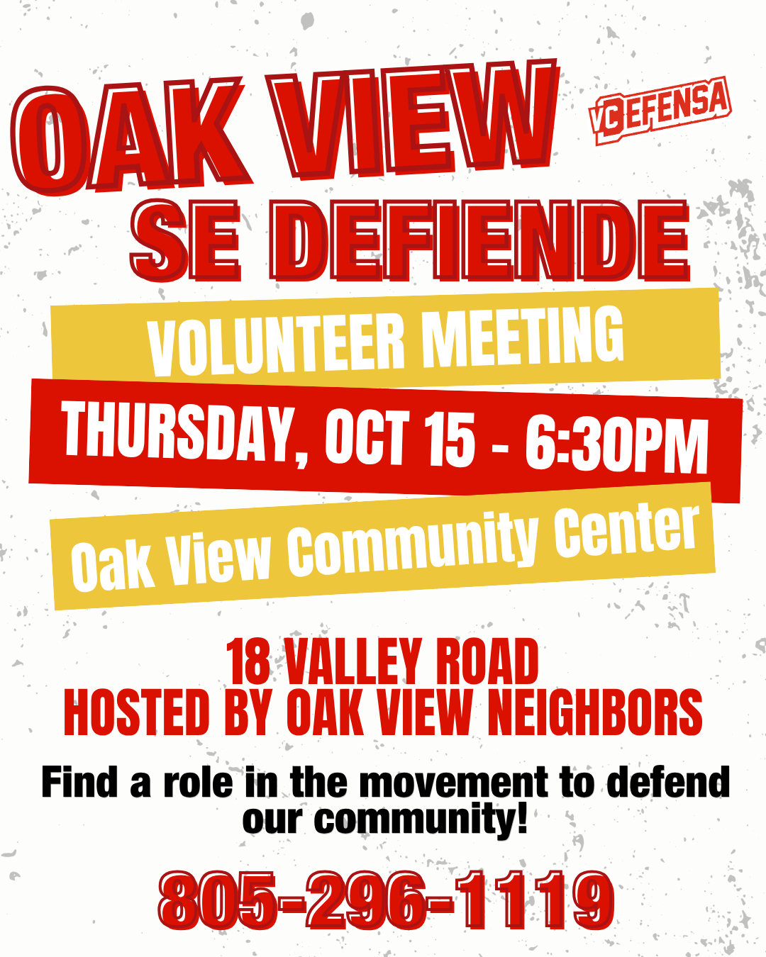 Oak View Se Defiende volunteer meeting flyer, Thursday October 15, 6:30pm, Oak View Community Center