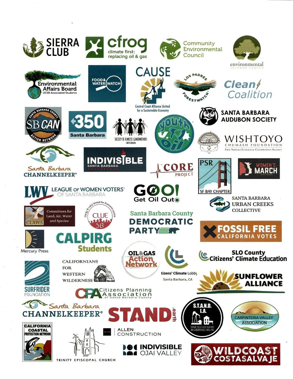 Logos of the organizations that signed the letter supporting Santa Barbara County's Phase 1 oil and gas ordinance, including Indivisible Ojai Valley