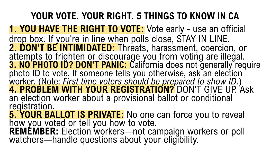 805 EPIC know your rights card, front: 5 things to know in California