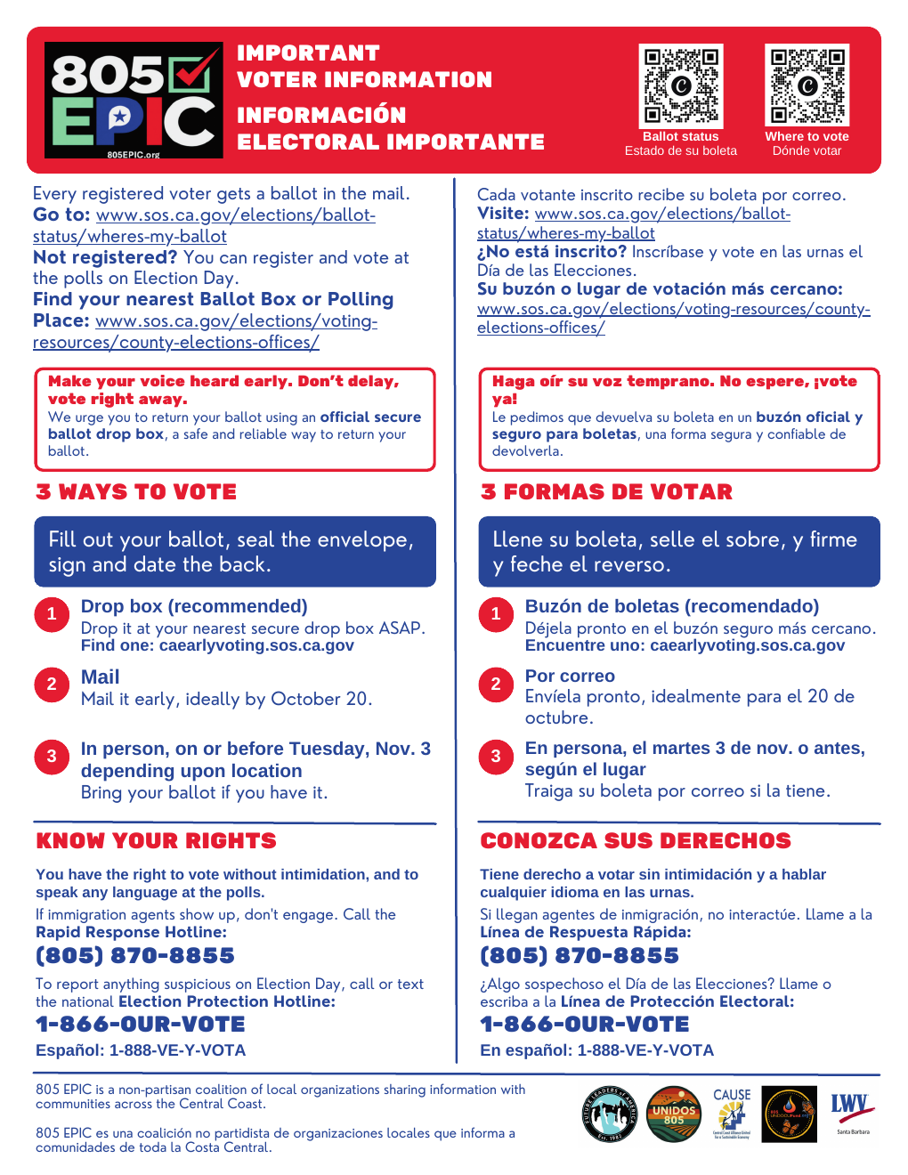 805 EPIC important voter information flyer in English and Spanish: ballot status, where to vote, 3 ways to vote, know your rights